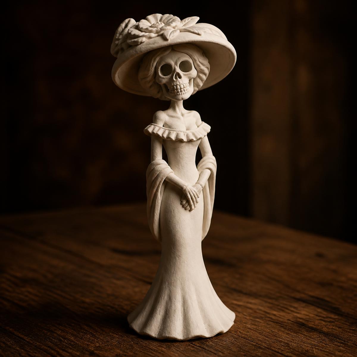 Catrina de cerámica sin pintar, en bisque crudo sobre mesa de madera