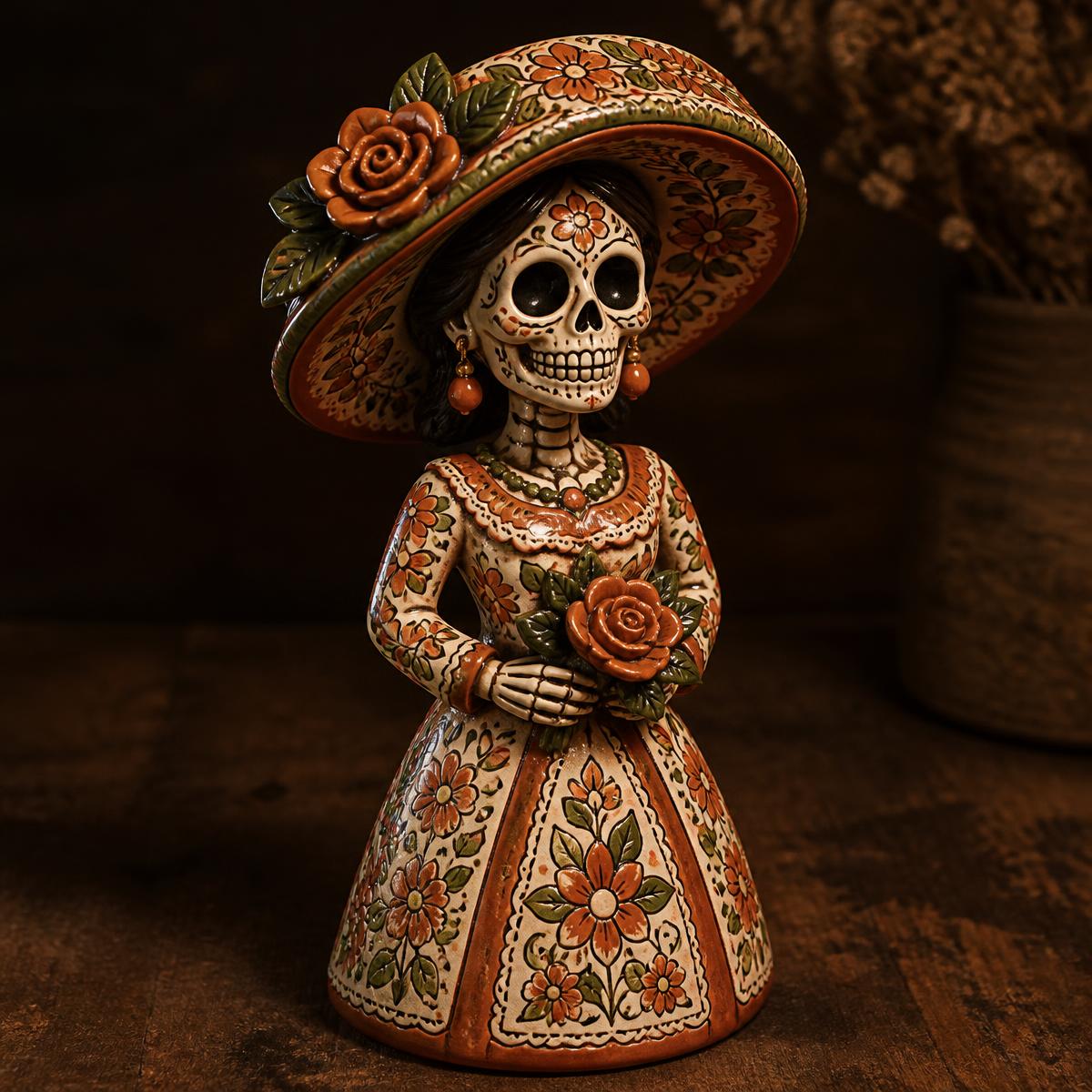La misma catrina terminada, pintada a mano con detalle floral en terracota y olivo